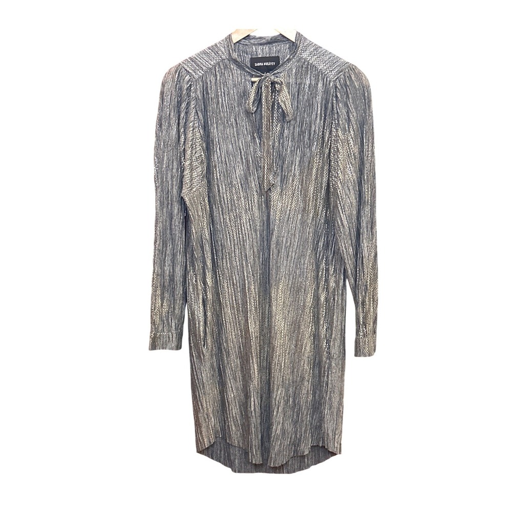 Sabina Musayev Metallic Pleated Midi Shift Dress Tie Neck Silver Gold M Holiday
